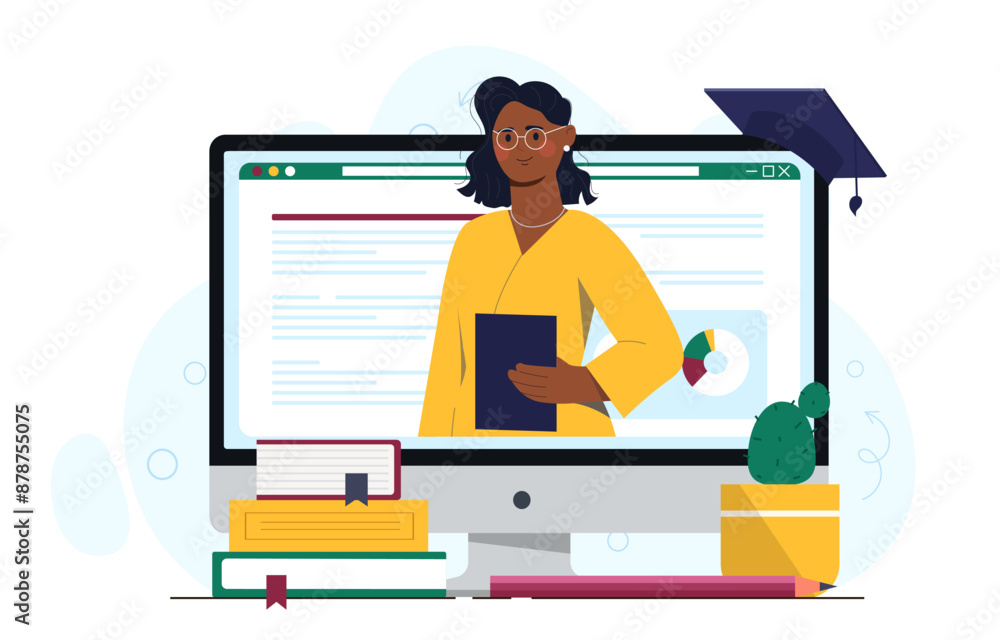 Poster business teacher online. woman with notepad with graphs. consultant and assistant for entrepreneurs.