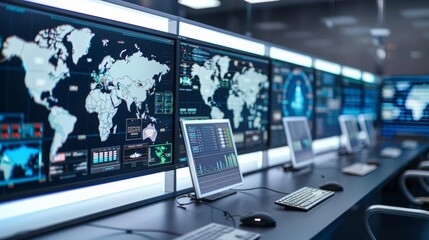 Detailed depiction of a command center with digital maps and real-time data feeds, military industry, strategic operations
