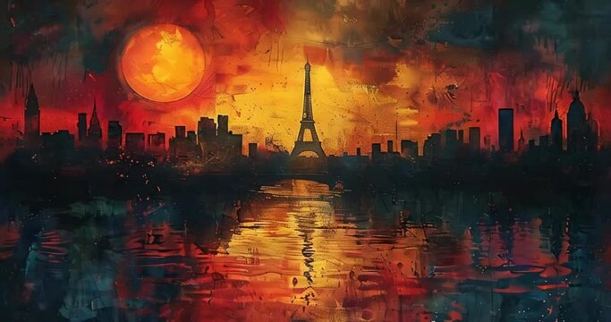 grungy painting of paris in sunset


