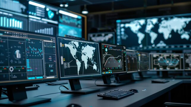Detailed depiction of a command center with digital maps and real-time data feeds, military industry, strategic operations