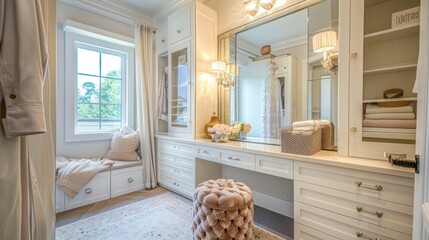 Light and airy modern white vanity with storage and window seat