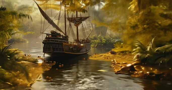 pirate ship laying in bay full of gold