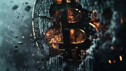 Bitcoin symbol exploding in digital fire and smoke