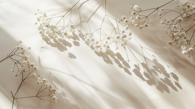 Blank canvas paper with delicate gypsophila flowers. Light and shadows create a minimalist background. Beige tones add a touch of warmth. Top view, flat lay.
