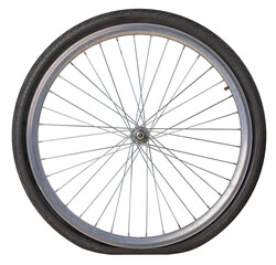 A bicycle wheel with an airless tire. Punctured inner tube, Isolated background.