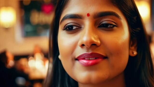 Close up of a beautiful young Indian woman smiling while on a date at a fancy restaurant.