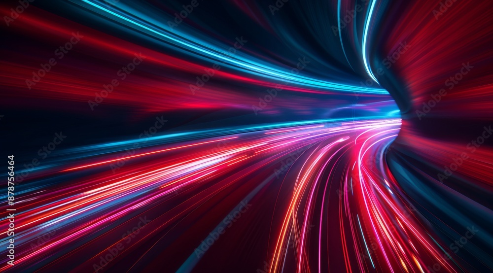 Poster abstract red and blue glowing light speed lines background with blur effect