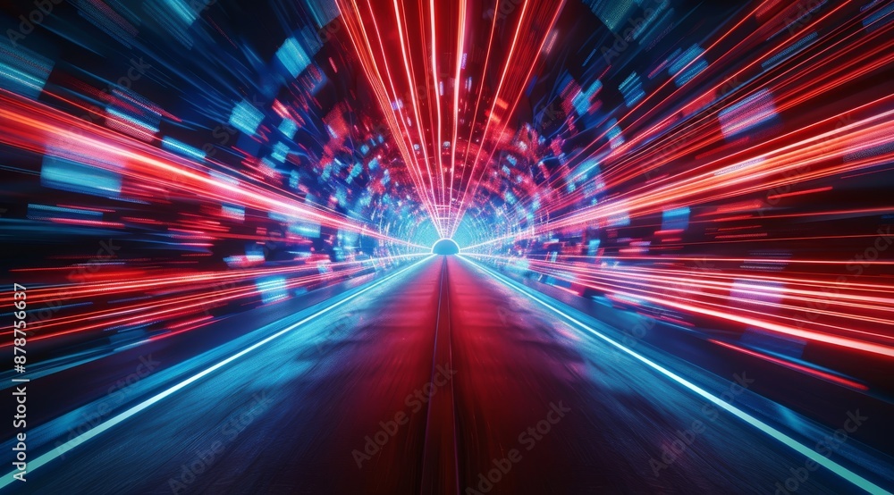 Poster abstract red and blue glowing light speed lines background with blur effect