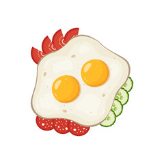 Scrambled eggs with slices of sausage, cucumber, and tomato. Vector illustration