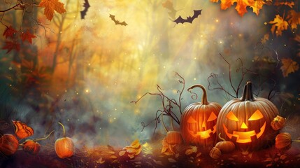Naklejka premium Halloween background, pumpkins with glowing eyes on abstract background, copy space for text, gloomy, atmospheric picture, postcard