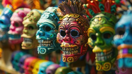 Colorful sugar skull masks displayed at a mexican market