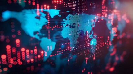 Digital world map background with vibrant blue and red colors showing global connection data visualization copy space technology concept