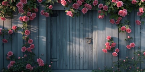 Fototapeta premium wooden vintage door with pink rose vine flower growing cover over door 