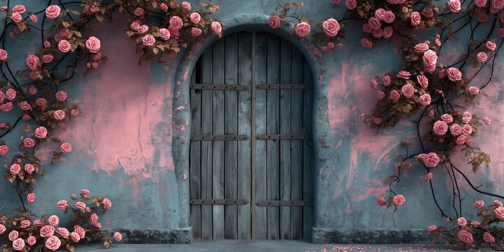wooden vintage door with pink rose vine flower growing cover over door 