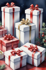 Obraz premium White and red gift boxes with golden ribbon bow and confetti on black background. New Year, Christmas, holiday banner for web with copy space