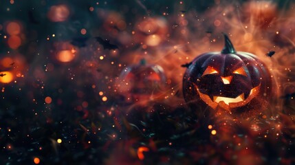 Fototapeta premium Halloween background, pumpkins with glowing eyes on abstract background, copy space for text, gloomy, atmospheric picture, postcard
