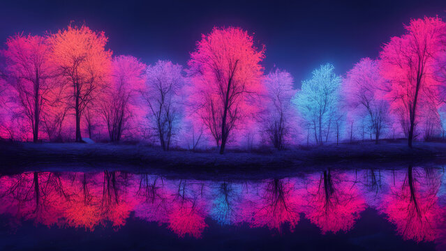 reflection of neon trees in water
