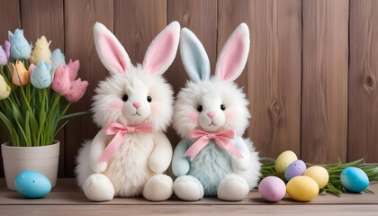 Fototapeta premium Fluffy fabric easter bunnies and wooden background