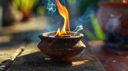 A clay oil lamp burning with smoke and flame in daylight
