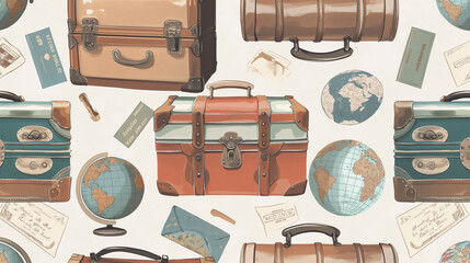 A pattern of suitcases and a globe is shown