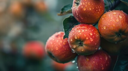 Eco fresh juicy close up apples in apple garden early on cold morning with dew drops on them