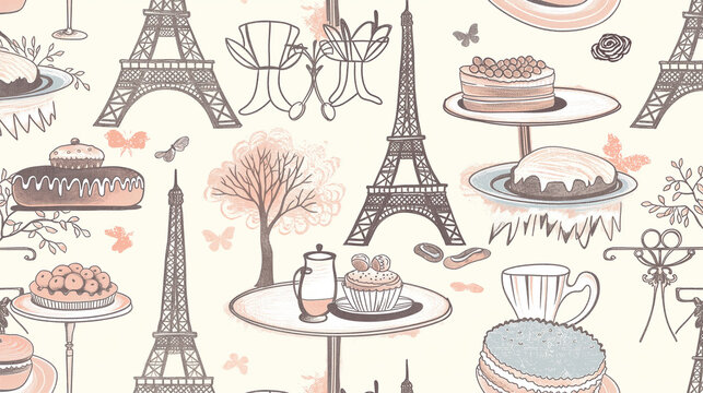 A pattern of Parisian food and drink is shown on a white background