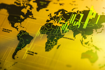 World map with economic data overlaid on yellow background business analysis concept