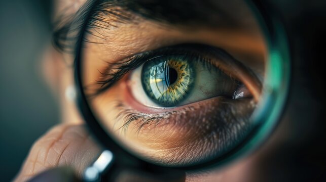 Beautiful detailed macro photo of a man's eye through magnifying glass as close or careful attention in healthcare and eyesight health optics