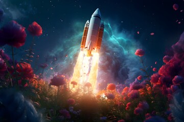 Obraz premium A rocket takes off into space from a field of flowers