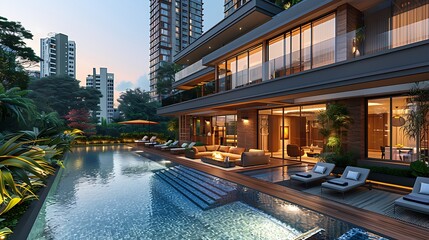 Obraz premium Real estate focusing a HighRise Building showcasing modern architecture luxury amenities and panoramic views