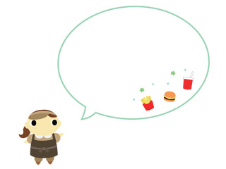 ハンバーガーショップの店員（パンツスタイル　クラシックカラー）　吹き出し＋装飾付