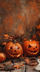 Halloween background, pumpkins n plain brown background, copy space, gloomy, atmospheric picture, postcard