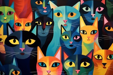 Colorful Abstract Cat Painting with Vibrant Feline Faces. International Cat Day