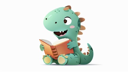 A happy green dinosaur reading a book while sitting on a white background