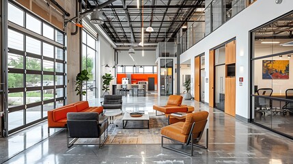 Real estate highlighting modern Office Space in a commercial district featuring openplan workspaces conference rooms and ergonomic furniture