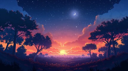 Naklejka premium beautiful landscape background of sunset gradient dusk sky over woodlands, 