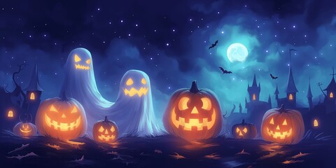 Fototapeta premium Jack-o-Lantern scarry smiling on ground way to the haunted mansion under full moon sky, illustration Halloween background, purple orange tone color