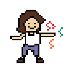 Fototapeta premium Cute pixel cartoon 8bit character woman exercises training dance lifestyle music decoration life style 8 bit female girl dance with music game fitness isolated PNG vector.