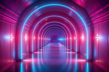 A neon-lit tunnel with a light at the end, creating an abstract, futuristic background