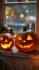 Obraz premium Halloween background, pumpkins with glowing eyes on abstract background, space for text, gloomy, atmospheric picture, postcard