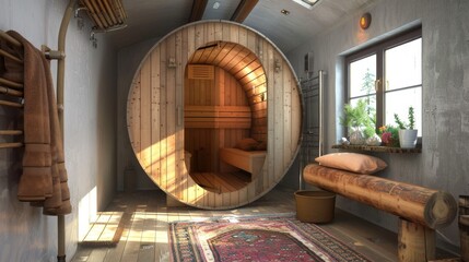 Serene Circular Wooden Sauna Room Design with Natural Light