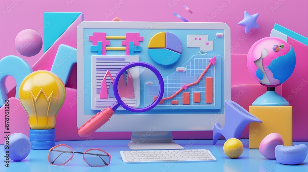 Poster 3D illustration of a computer with various graphs and charts on the screen colorful background.