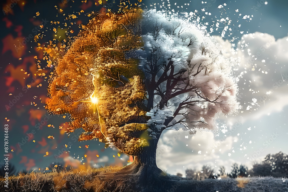 Poster generative ai illustration of the four temporal seasons in one face one frame one tree nature concep