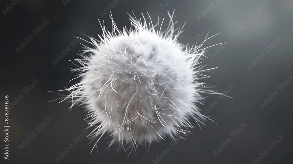 Poster artistic abstract fuzzy white sphere against a detailed dark background emphasizing texture and crea