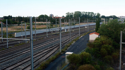 Railroad, railway track, train, tracks, rails, sleepers, top view, metal structures, road junction, summer, evening, France, Europe, no people