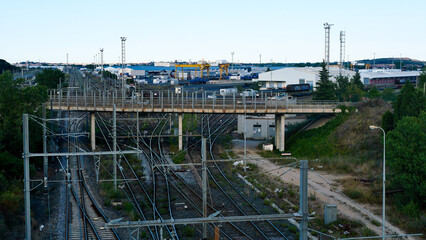 Railroad, railway track, train, tracks, rails, sleepers, top view, metal structures, road junction, summer, evening, France, Europe, no people