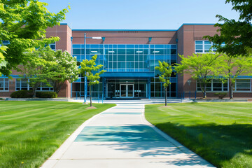 School building exterior with blue accents, green grass and trees in front of the entrance, sunny day, wide angle shot