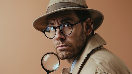 A detective with a magnifying glass and trench coat, ready to solve a mystery and feeling hesitation 