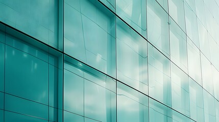 Modern Green-Tinted Glass Building Facade with Reflections Showcasing Sleek and Minimalistic Urban Architecture
