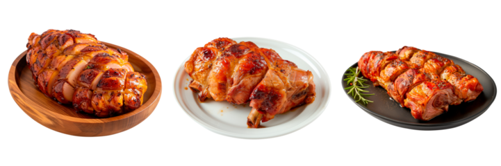 Set of a roasted pig in a plate isolated on a white or transparent background. Roasted Spanish pig in a wooden, black and white plate. Traditional Spanish dish. Side view